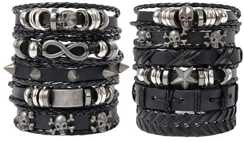BDSHUNBF Set di 2 Bracciale in Pelle Intrecciata, Bracciale Vintage, Braccialetto Intrecciato, per Uomo Donna Punk Goth Rock