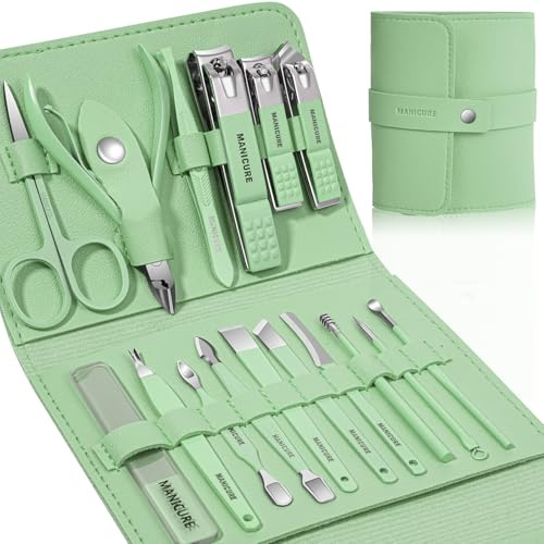 Manicure Set Professional Nail Clippers Pedicure Kit 16pcs | Stainless Steel Nail Care Tools Grooming Kit with Luxurious Travel Leather Case for Thick Nails Men Women Gift