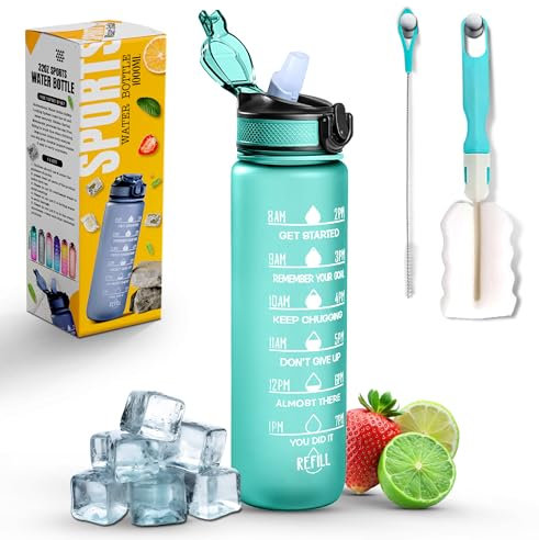 Roe Tenpo Sports Water Bottle with Straw and Time Marking, and 32OZ Capacity - Motivational and Eco-Friendly BPA-Free Bottle for Running, Gym, Yoga, Outdoors, and Camping (Style-1, Light Green)