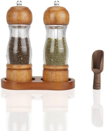 2 stycken salt- och pepparkvarn, påfyllningsbar kryddströare av massivt trä, kökskryddbehållare med justerbar keramikkärna, bricka och pulversked