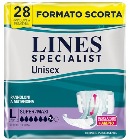 Lines Specialist Unisex Pannoloni a Mutandina Super Maxi, per Incontinenza Donna e Uomo, Asciutto Lampo e Ottima vestibilità, Zero Odore, Taglia L, 2 Confezioni da 14 Unità