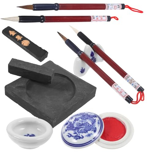 Gatuida Juego de Caligrafía China para Principiantes Conjunto Pinceles Chinos Tinta para Caligrafía y Piedra de Tinta Cuadrada Adecuado para Práctica Artística y Escritura Tradicional
