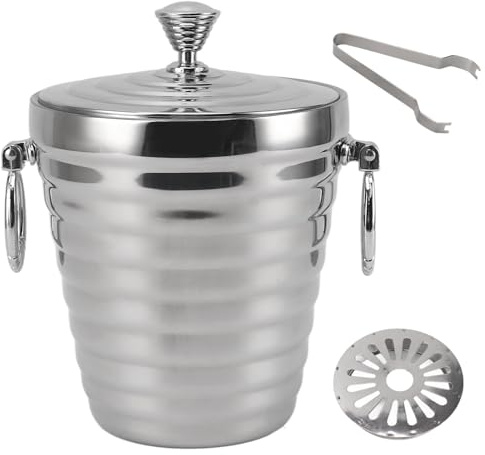 Secchiello per il ghiaccio in acciaio inossidabile con coperchio, Secchiello per il ghiaccio per vino per bevande, Contenitore per ghiaccio isolato a doppia parete con pinze e (2L)