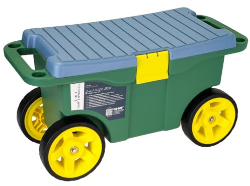 HMF Carrello da giardino 2 in 1 con seduta e vano portaoggetti, sgabello da giardino con ruote grandi, sedile girevole per giardinaggio fino a 100 kg, 55 x 26,5 x 29,5 cm, verde