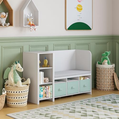 [en.casa] Estantería Infantil Høylandet con Banco y Compartimentos Organizador Zapatero para Niños con Cojín y Cajas Extraíbles 76 x 112 x 40 cm - Blanco/Verde Menta