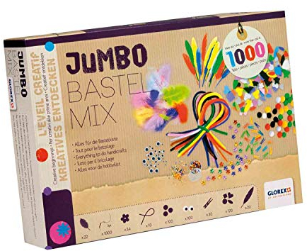 GLOREX 6 1214 072 - Jumbo Bastel Mix, über 1000 Teile, umfangreiches Bastelset mit Federn, Pompons, Pfeiffenputzer, Wackelaugen, Wäscheklammern und vielem mehr, ideal für das Basteln mit Kindern