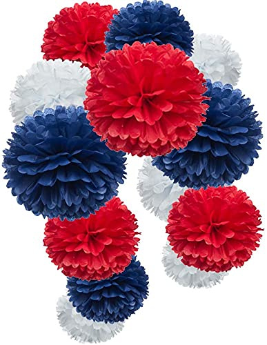 Happium 6 pon pon di carta velina, palline di fiori di carta per feste di compleanno, decorazioni per le feste bancarie dell'incoronazione del re della bandiera del Regno Unito - Blu, rosso e bianco