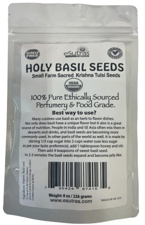 eSutras Organic Edible Basil Tulsi Seeds, USDA Organic Pure Gluten Free Fiber Rich Keto + Non Gluten 8 oz