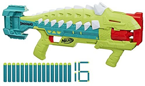 Nerf DinoSquad Armorstrike Blaster à fléchettes, Barillet Rotatif 8 fléchettes, poignée, 16 fléchettes Nerf Elite, Design d'ankylosaure