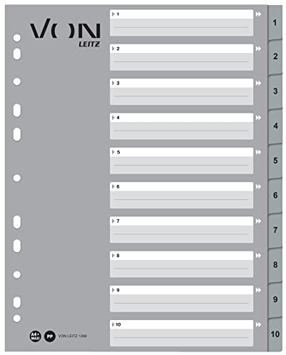 VON Leitz 10er Pack Zahlen-Register A4, 1-10 nummerierte Trennblätter für Ordner, PP, Extra breit, 11-Loch-Universalregister für Schnellhefter & Ringbücher,Grau, 12660085