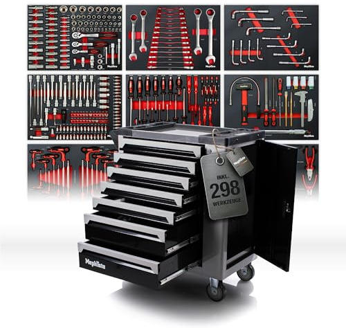 Mephisto XXL Werkzeugwagen Werkstattwagen mit 7 Schubladen Davon 7 mit Werkzeug in Soft Inlays in Carbonoptik gefüllte Schubladen zzgl. zusätzlicher Einlage mit Pfeifenkopfschlüssel