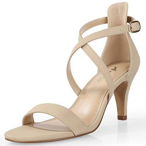 Ankis Nude Gold Black Heels Cross Strappy Heels for Women 3 Inch Stiletto Open Toe Sandals for Wedding Evening Party Homecoming, Nude Nubuck, 4.5 UK