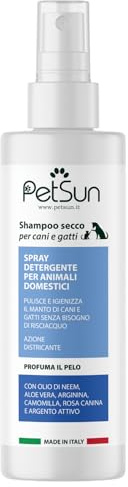PetSun Shampoo Secco Spray per Cani e Gatti 250 ml – Spray Detergente Senza Risciacquo con Olio di Neem e Argento Attivo – Pulisce e Igienizza il Manto, Elimina gli Odori e Districa il Pelo