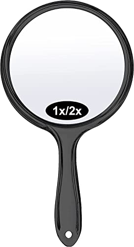 FANNAS Handspiegel mit Griff, Schwarz Doppelseitiger Handspiegel, 1X/2X Schminkspiegel Vergrößerungsspiegel, Spiegel zum Aufhängen, Tragbarer Reisespiegel für Haare Gesichtspflege Rasier