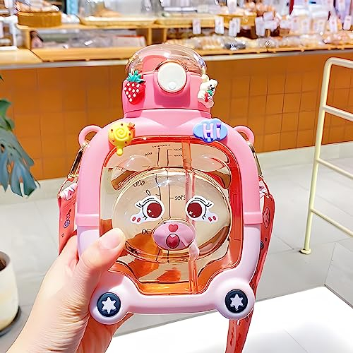 SIMDAO 1000ml Kawaii Bear Water Bottle, Cute Drinking Bottle with Straw, Stickers,Leakproof and BPA-free Water Bottle for Kids Girls boys School Outdoor Travel