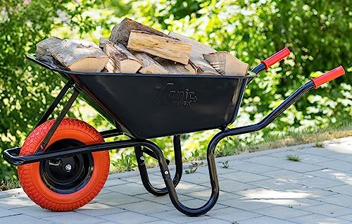 TIREX by xonic® Schubkarre mit Stahlfelge – Verzinkte Wanne bis 250kg/ 100l - Robuste Ausführung für Garten und BAU – Schieb-Karre mit PU Vollgummi-Rad (Rot- Schwarz)