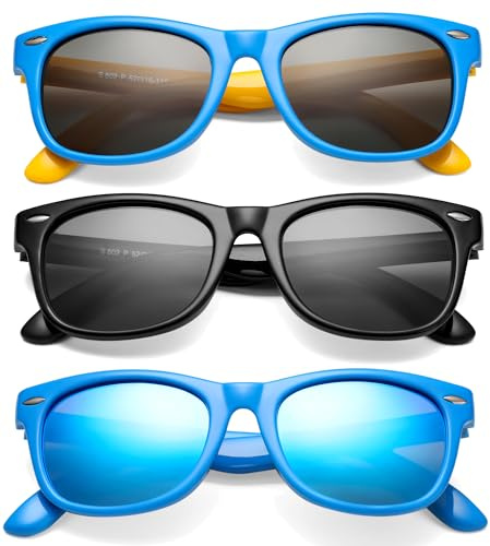 NULOOQ Kids Polarized Sunglasses for Boys Girls – TPEE Unbreakable Flexible Frame UV400 Protection Age 3-8 (Black + Blue/Blue + Blue Yellow) - 3 Pack