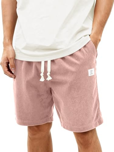 HOTake Mens Corduroy Shorts Casual 7 Inch Elastic Waist Drawstring Summer Beach Loose Fit Shorts Pink