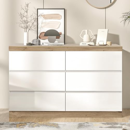 KOMHTOM Cassettiera per camera da letto bianca con 6 cassetti, credenza soggiorno, mobile con cassetti per ripostiglio soggiorno, camera da letto, sala da pranzo (B)