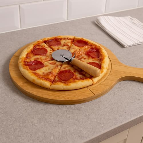 Marco Paul - Tabla de cortar de bambú para pizza, 18 pulgadas, 6 secciones, bandeja de madera duradera para servir con cortador de pizza, accesorios de cocina, preparación de alimentos, charcutería,