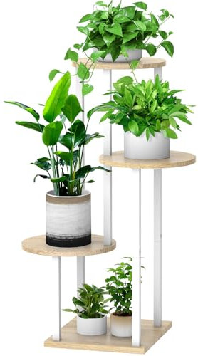 YOCOMEY 4 Tier Hölzern Blumenregal Metall Pflanzenregal, Mehrstöckig Blumenständer Pflanzenständer Blumenbank Blumentreppe Pflanzentreppe Standregal für Innen Außen Balkon Deko (Rund Weiß Eiche)