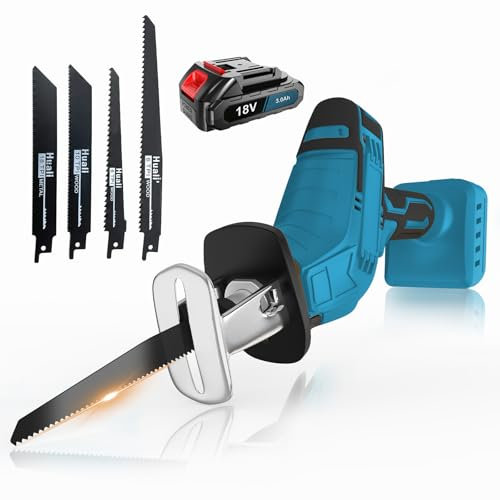 Akku-Reciprosäge mit 3.0AH Akku und 4 Sägeblättern, Akku Säbelsäge 18V, Tragbare Säbelsäge mit Variabler Geschwindigkeit 0-3000SPM, Zum Sägen und Beschneiden