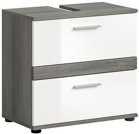 xonox.home Badezimmer Blake Waschbeckenunterschrank Badunterschrank Waschbecken Unterschrank Schrank in Front weiß Hochglanz Korpus rauchsilber Nb.ca.60x57x34 cm mit 2 Schubkästen