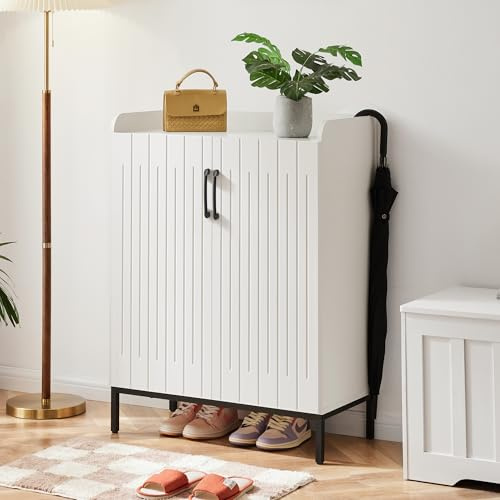 Mericonia Schuhschranks, moderner Schuhschrank aus Holz für den Flur mit 2 Türen, freistehender Schuhschrank mit 5 Ebenen und verstellbaren Regalen für Flur, Eingangsbereich, Schlafzimmer, weiß