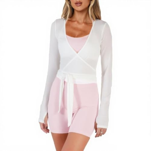 Meihuida Women Wrap Top Long Sleeve Deep V Neck Tie Workout Ballet Pilates Yoga Shirt with Thumb Holes White S