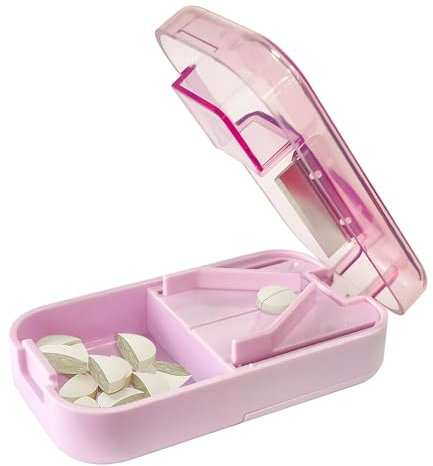 Portable Pill Cutter for Precise Splitting – Tablet Cutter for Small Tablets and Large Pills, Multifunction Pill Splitter with Blade and Storage Compartment for Travel & Daily Use, Pink