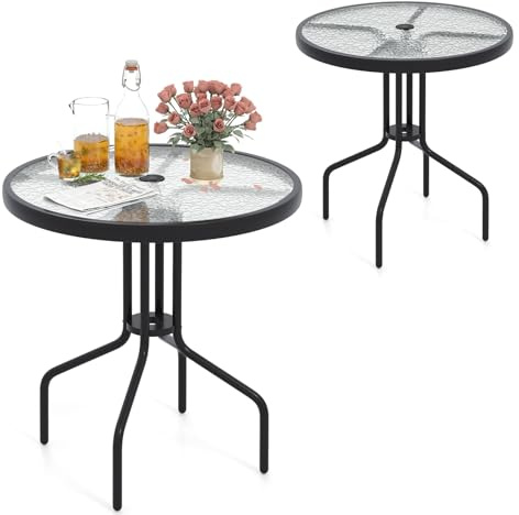 KOMFOTTEU Gartentisch mit 4 cm Schirmloch, Bistrotisch 70x70x71cm aus gehärtetem Glas, Esstisch rund mit Metallrahmen, Seitentisch für Balkon, Terreza