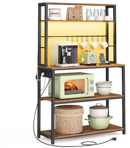 VASAGLE Estantería de Cocina con LED, para Microondas con Regleta, Estantes Ajustables, 8 Ganchos, 40 x 80 x 168,4 cm, Marrón Vintage y Negro Mate KKS050KD01
