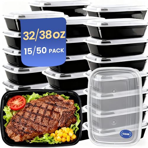 Eco Maicoco 38oz 50 Pack Reusable Meal Prep Containers, Leakproof Food Containers with Lids BPA Free, Microwave/Freezer/Dishwasher Safe to Go Containers