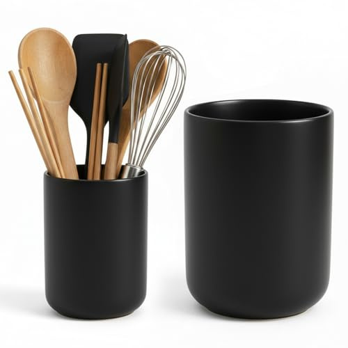Eclove Lot de 2 Pots Ustensiles Cuisine en Céramique, Porte Ustensiles Grands et Moyens pour Outils de Cuisine, Cuillères, Spatules, Fourchettes, Couteau et Accessoires