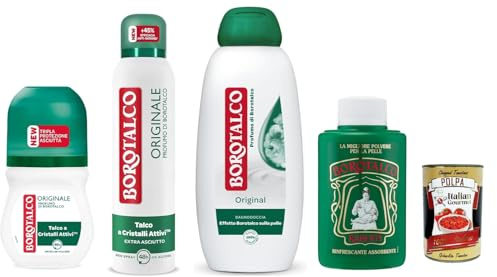 Italian Gourmet bundle - Set de 4 productos de cuidado para Borotalco Original Desodorante en roll-on, desodorante, gel de ducha y polvo corporal, caja de regalo para él y ella + Polpa gourmet