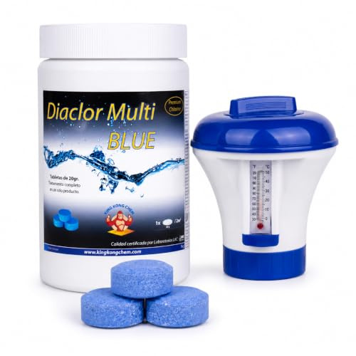 Kit Piscinas pequeñas DIACLOR Multi Blue 1 kg, Pastillas de Cloro Multifunción 20 gr sin Cobre, Incluye Dosificador Flotante PEQUEÑO con termometro DIASA Industrial