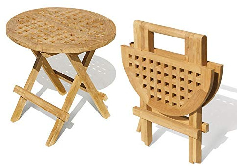 Jati Small Round Wooden Folding Picnic Table - Teak, Chessboard Slats, Delivered Ready-Assembled