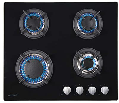 Plaque de cuisson gaz 4 foyers – verre noir & fonte – 7 500 W – encastrable 55,3 × 47,3 cm – gaz de ville + injecteurs bouteille inclus – BELDEKO