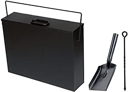 Srendi® Fireside Black Ash Carrier Galvanised Metal Hot Tidy Box Container Fireplace Pan Bucket Bin Ash Storage Box wih Free Shovel & Poker