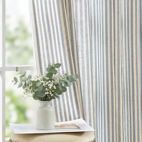 jinchan Linen Curtains for Living Room Blue on Beige Striped Curtains for Bedroom Ticking Stripe Pattern Light Filtering Cottage Core Rustic Grommet Window Treatment 2 Panels 84 inches Long