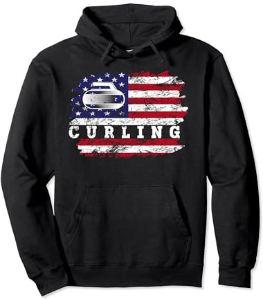 Vintage Curling Stone USA Flag Player Winter Sports Pullover Hoodie