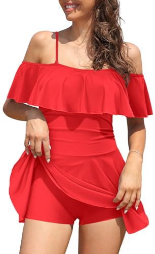 SHEKINI - Costume da bagno intero da donna con gonna, a spalle scoperte, con shorts, volant a balze, costume da bagno a campana, Rosso tinta unita., XL