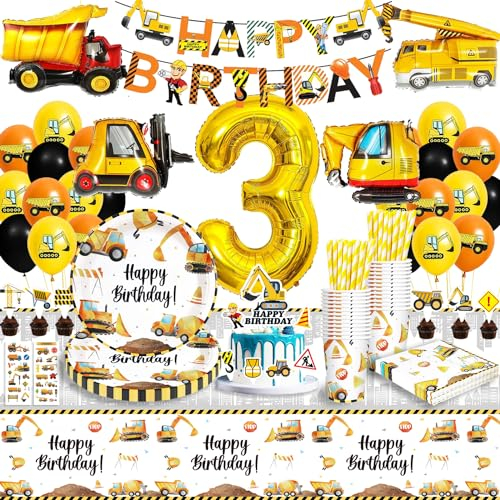 Decorazione Di Compleanno Escavatori 3 Anni, Stoviglie per Festa Cantiere, Palloncini per 16 Ospiti