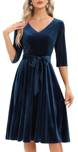 Bbonlinedress kvinnor långärmad sammet vintage te klänning formell cocktail bröllop gäst midi bal v-ringad passform och utsvängd klänning, V-marinblå, 3XL
