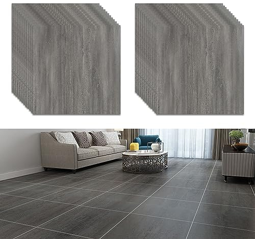 PVC Bodenbelag Selbstklebende, 24 Stück 30x30cm Vinylboden Bodenfliesen, Rutschfeste Wasserdicht Vinyl-Fußböden, Laminat Fliesen Selbstklebend für Wohnzimmer, Küche, Schlafzimmer(Grau Holzmaserung)