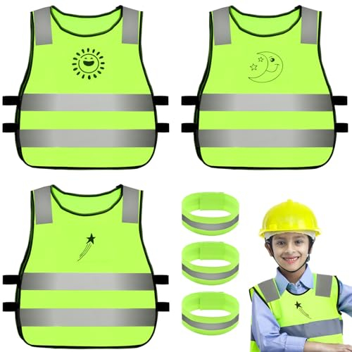 ZOCONE 3 Stück Warnweste Kinder mit Reflektorband Neongelbe Warnwesten Auto Kinder Leuchtweste Gemustert Sicherheitsweste Kinder Auto Fahrrad Kinderwarnweste Gelb Reflektorweste für Kinder