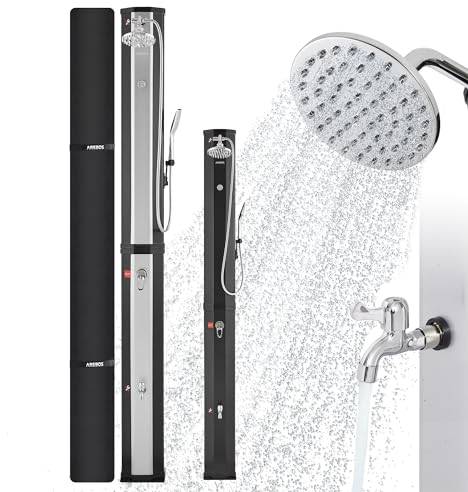AREBOS Douche Solaire 60 L | avec douchette & thermomètre | Température de l'eau jusqu'à 60°C Douche Piscine Camping | Pommeau de Douche Rond | Technologie Snap-in | Couverture Incluse | Noir-argenté