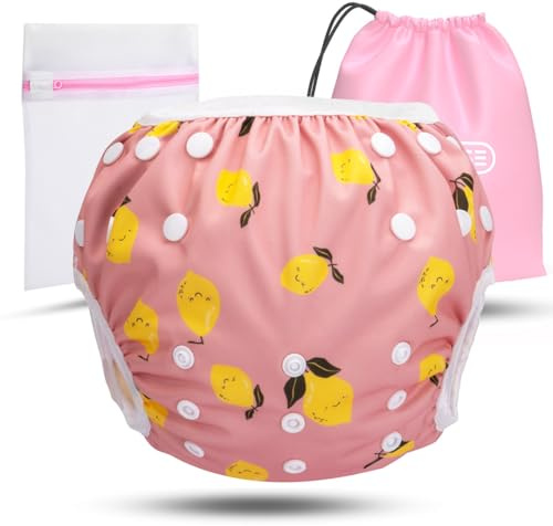 KIDVERSE Schwimmwindel Baby Badehose 0-3 Jahre - Hautfreundliche Schwimmwindeln wiederverwendbar & saugstark - Größenverstellbare Badewindel Baby Schwimmhose Tragetasche & Wäschenetz (Citrons)