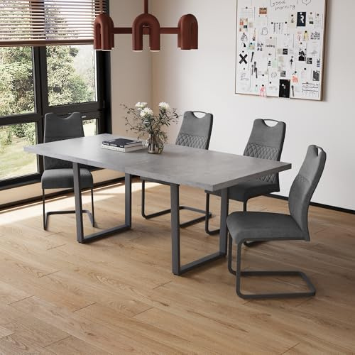 JIEXI Modern Dining Table for 6-8, Extendable High Hardness Table for Space Saving, Metal Frame Farmhouse Rectangular Kitchen Dining Table for Home Family (Table + 4 Grey Chairs)