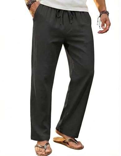 COOFANDY Men's Linen Pants Casual Loose Fit Beach Summer Yoga Pants Lightweight Drawstring Linen Trousers Black